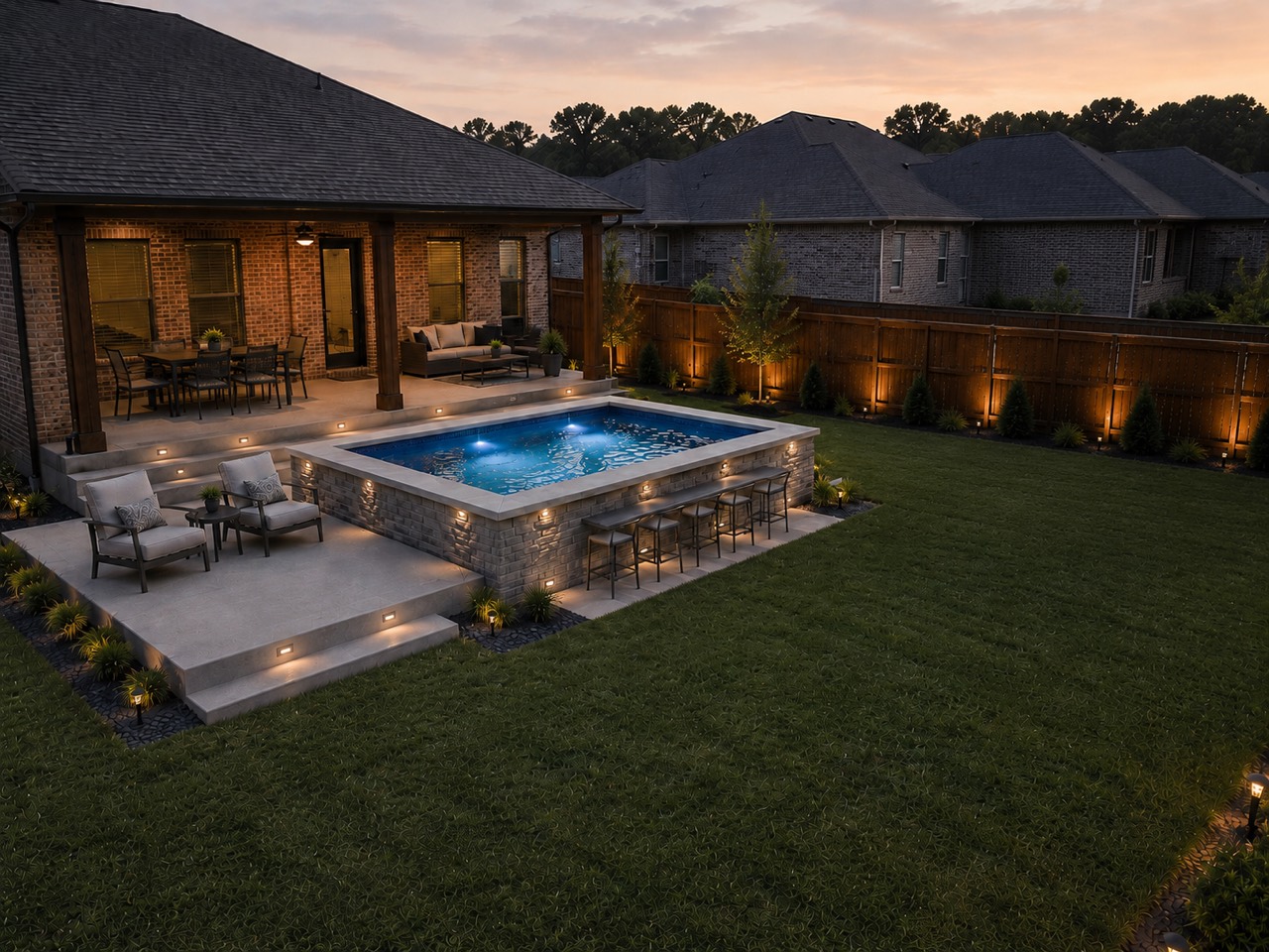 Raised rectangular Lifestyle Pool with patio seating and warm lighting in a Northwest Arkansas backyard