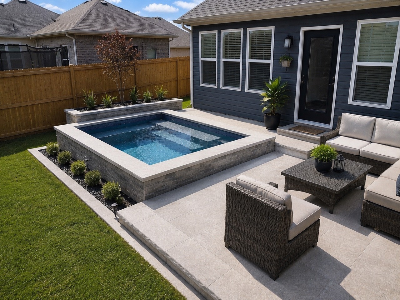 Modern raised Lifestyle Pool with a deep blue interior finish